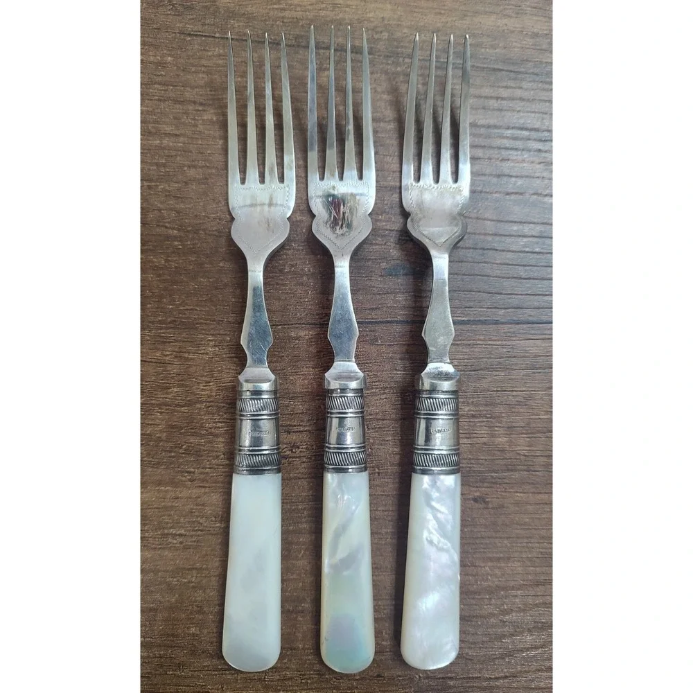 Antique Mother of Pearl Serving Forks Set of 3 Sterling Ferrules EPNS Victorian